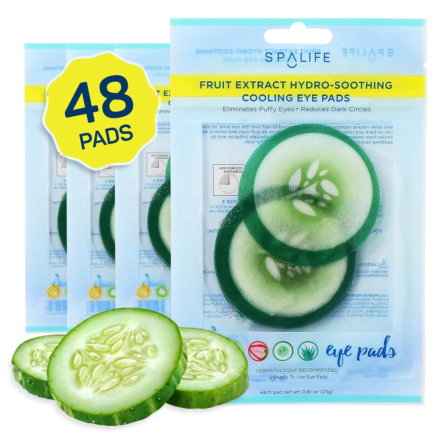 Spalife Cooling Eye Pads - Korean Soothing Eye Pads For Dark Circles, Puffy Eyes, And Wrinkles - 48 Pads With Fruit + Vegetable Extracts - Revitalizing Hydrating Eye Pads For Eye Treatment (Cucumber)