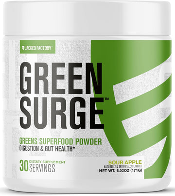 Jacked Factory Green Surge Green Superfood Powder- Keto Friendly Greens Drink W/Spirulina, Wheat & Barley Grass, Organic Greens - Green Tea Extract, Probiotics & Digestive Enzymes - Sour Apple - 30Sv