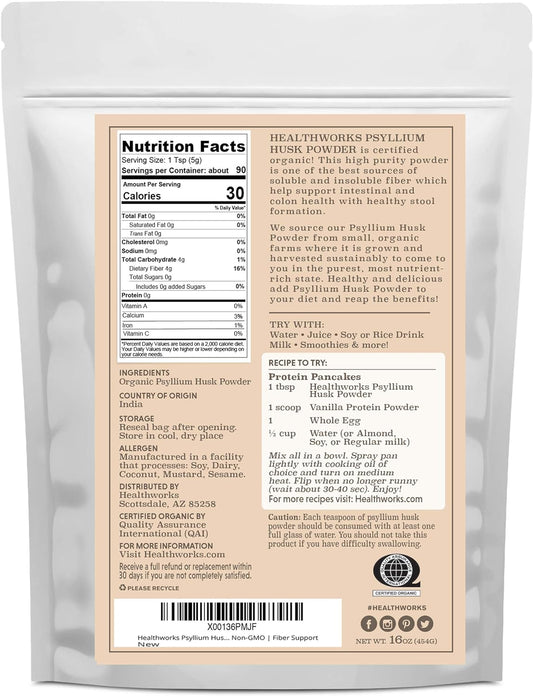 Healthworks Psyllium Husk Powder (16 Ounces / 1 Pound) | Raw | Certified Organic | Finely Ground Powder from India | Keto, Vegan & Non-GMO | Fiber Support