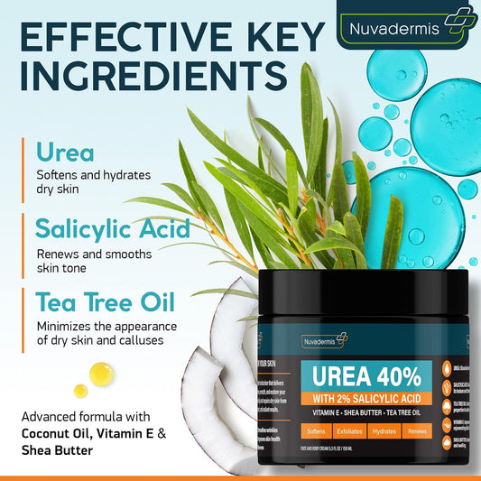 Nuvadermis Urea Cream 40 Percent For Feet - 40% Urea Foot Repair Lotion - Maximum Strength For Dry Cracked Heels - 2% Salicylic Acid, Shea Butter, Tea Tree Oil, Vitamin E - 5.29 Oz Jar