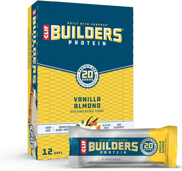 Clif Builders - Vanilla Almond Flavor - Plant Based Protein Bars - Gluten Free - Non-Gmo - Low Glycemic - 20G Protein - 2.4 Oz. (12 Count)