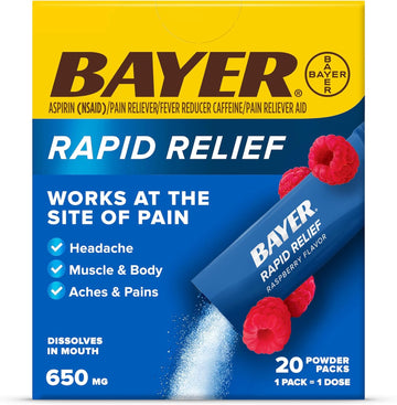 Bayer New Rapid Dissolvable Raspberry Flavor Powder Packs With Aspirin & Caffeine For Fast Acting Headache, Muscle And Body Pain Relief