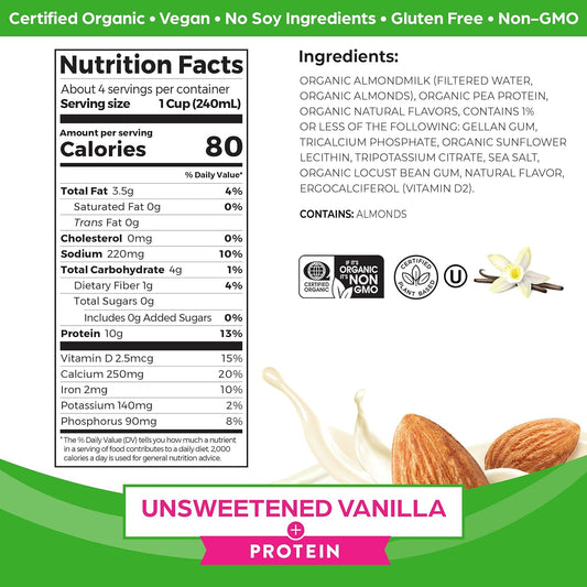 Orgain Organic Vegan Protein Almond Milk, Unsweetened Vanilla - 10G Plant Protein, Vitamin D & Calcium, No Lactose, Dairy & Soy Ingredients, Gluten Free, No Sugar Added, 32 Fl Oz (Pack Of 6)