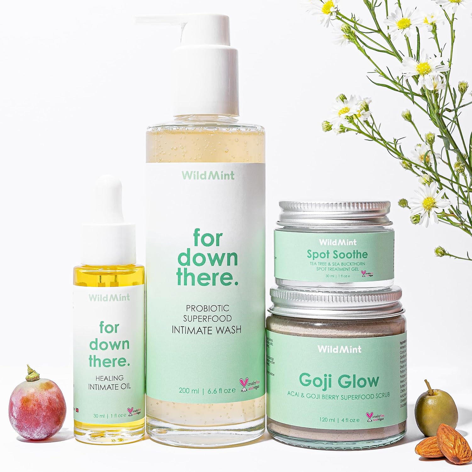 Superfood Intimate Care Kit | Healing Intimate Care Oil | Probiotic Intimate Care Wash | Goji Glow Exfoliating Scrub | Spot Soothe Gel