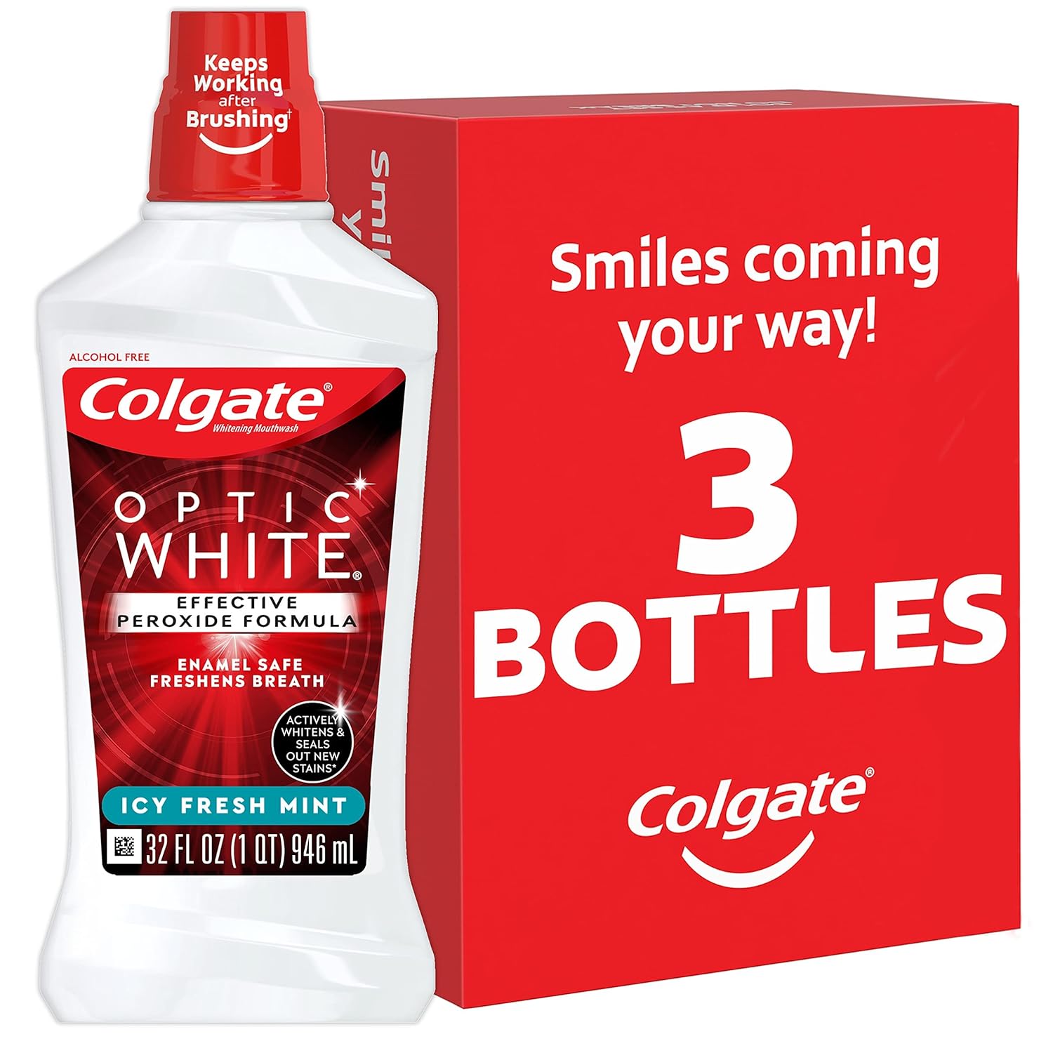 Colgate Optic White Whitening Mouthwash, Fresh Mint - 946mL, 32 fluid ounce (3 Pack)