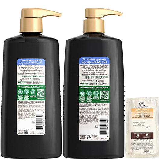 Garnier Whole Blends Black Charcoal & Nigella Flower Oil Rebalancing Shampoo and Conditioner Set for Greasy Scalp & Dry Ends with Sample, 26.6 Fl Oz, 1 Kit (Packaging May Vary)