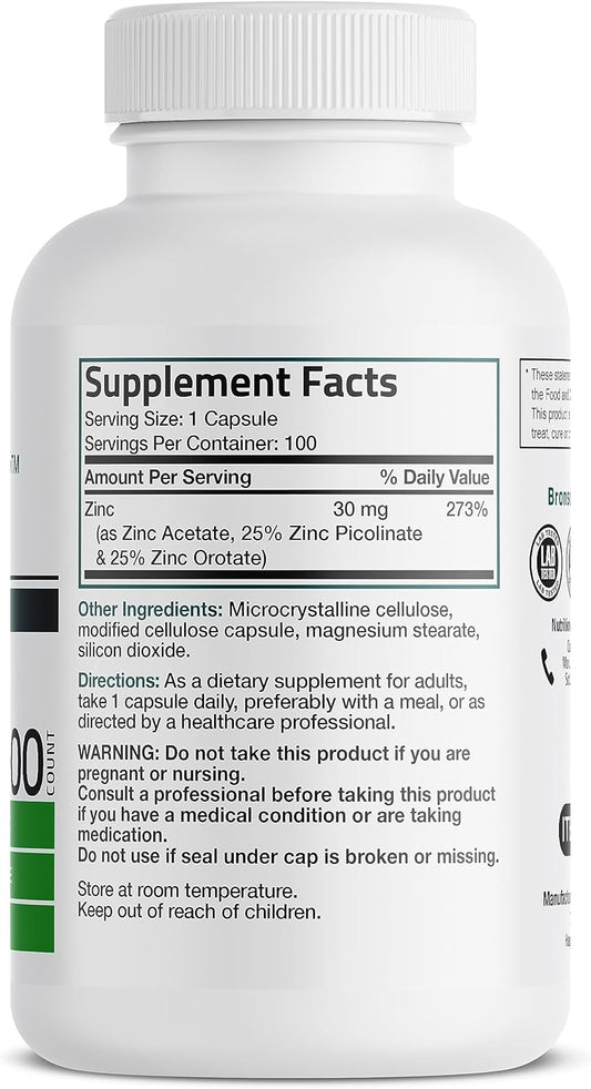 Bronson Zinc Triple Play 30 Mg Triple Coverage Immune Support Zinc Supplement With Zinc Acetate, Picolinate & Orotate - Immune, Antioxidant & Skin Health Support