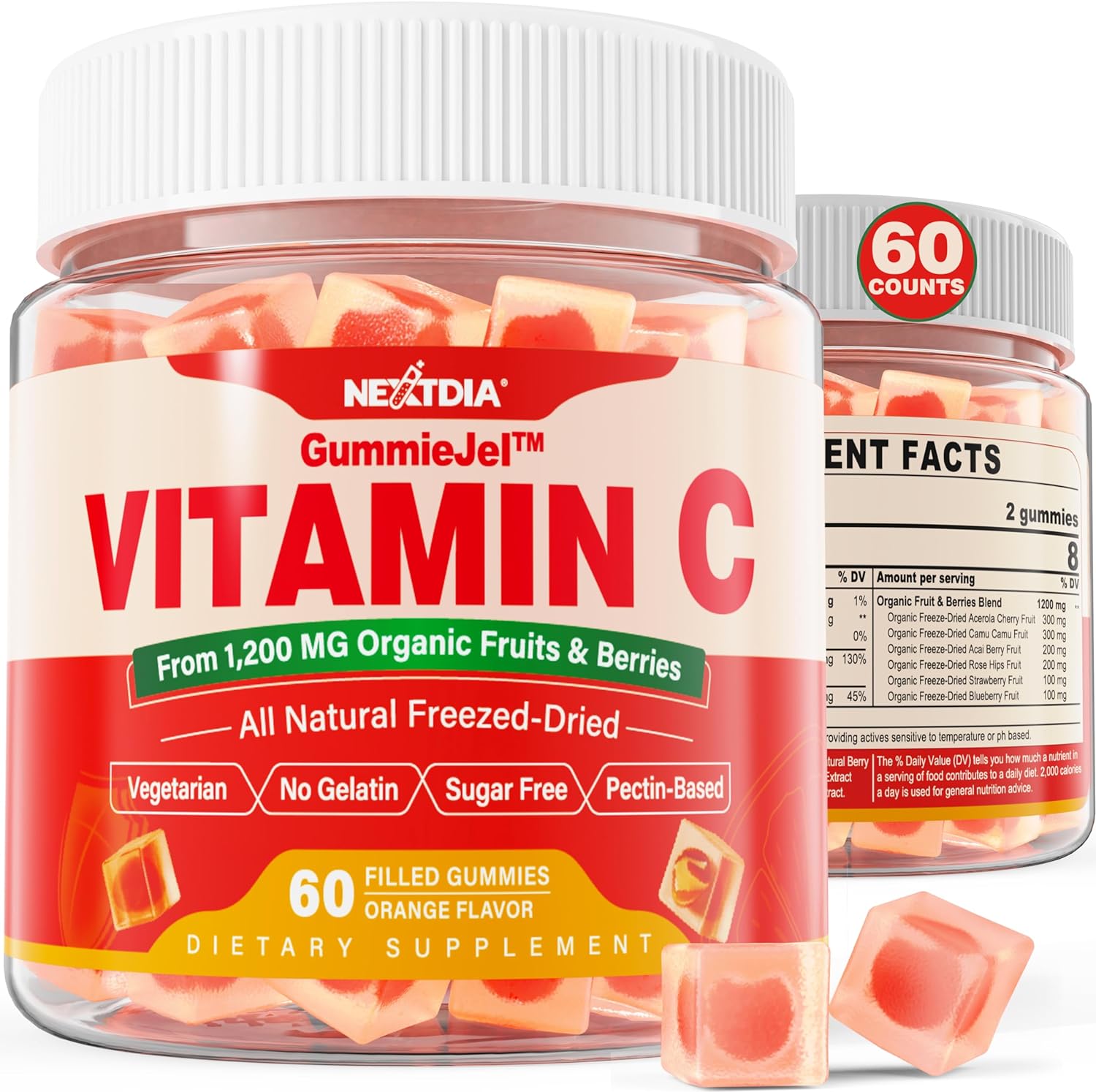 Whole Food Vitamin C Gummies for Adults & Kids, 10X Higher Absorption than Synthetic Vitamin C, 100% Natural, Raw Vitamin C Supplement for Immune & Collagen Support, Sugar Free, Orange Flavor, 60 Cts