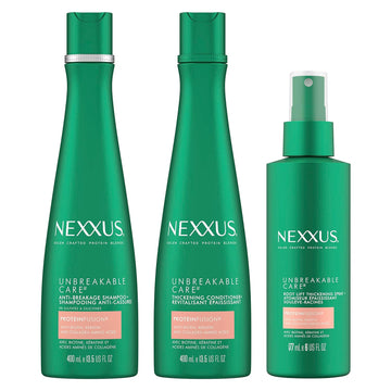 Nexxus Unbreakable Care Shampoo, Conditioner, And Leave-In Spray 3 Pack For Fine And Thin Hair With Keratin, Collagen, Biotin