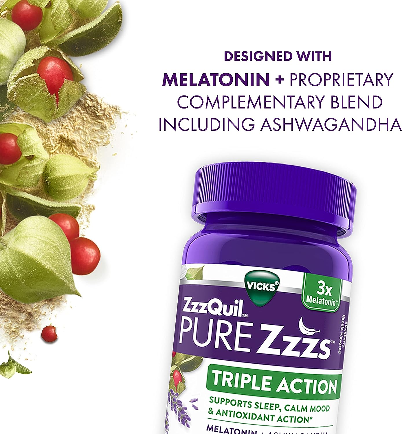 ZzzQuil PURE Zzzs Triple Action, 6mg Melatonin Gummies, 3X Melatonin Sleep Aid with Ashwagandha, Calm Mood & Antioxidant Action, Sleep Aid for Adults, 6 mg per serving, 60 Count : Health & Household