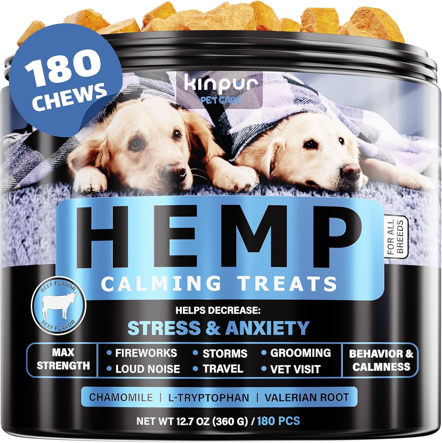 Calming Chews For Dogs - Dog Calming Treats With Hemp Oil, Valerian Root, Vitamin B - Dog Anxiety Relief, Separation, Fireworks, Thunderstorms - For All Breeds