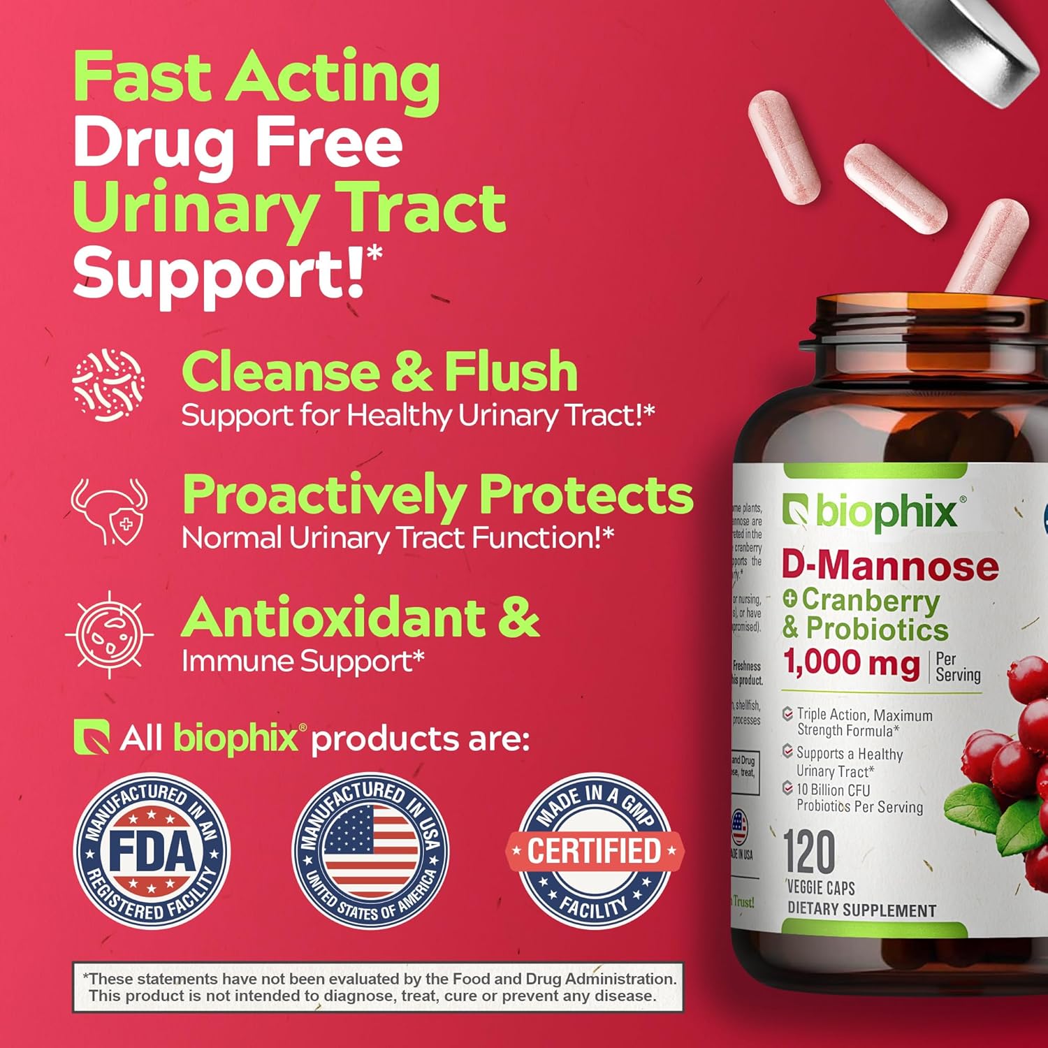 Biophix D-Mannose 1000Mg Capsules With Cranberry & Probiotics - D Mannose Supplements For Women - D-Mannose Pills For Urinary Tract & Bladder Health Support - Digestive Well-Being - 120 Vcaps : Health & Household