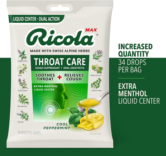 Ricola Max Throat Care Cool Peppermint Large Bags | Cough Suppressant Drops | Dual Action Liq Center | Soothing Long-Lasting Relief - 34 Count (Pack of 2)