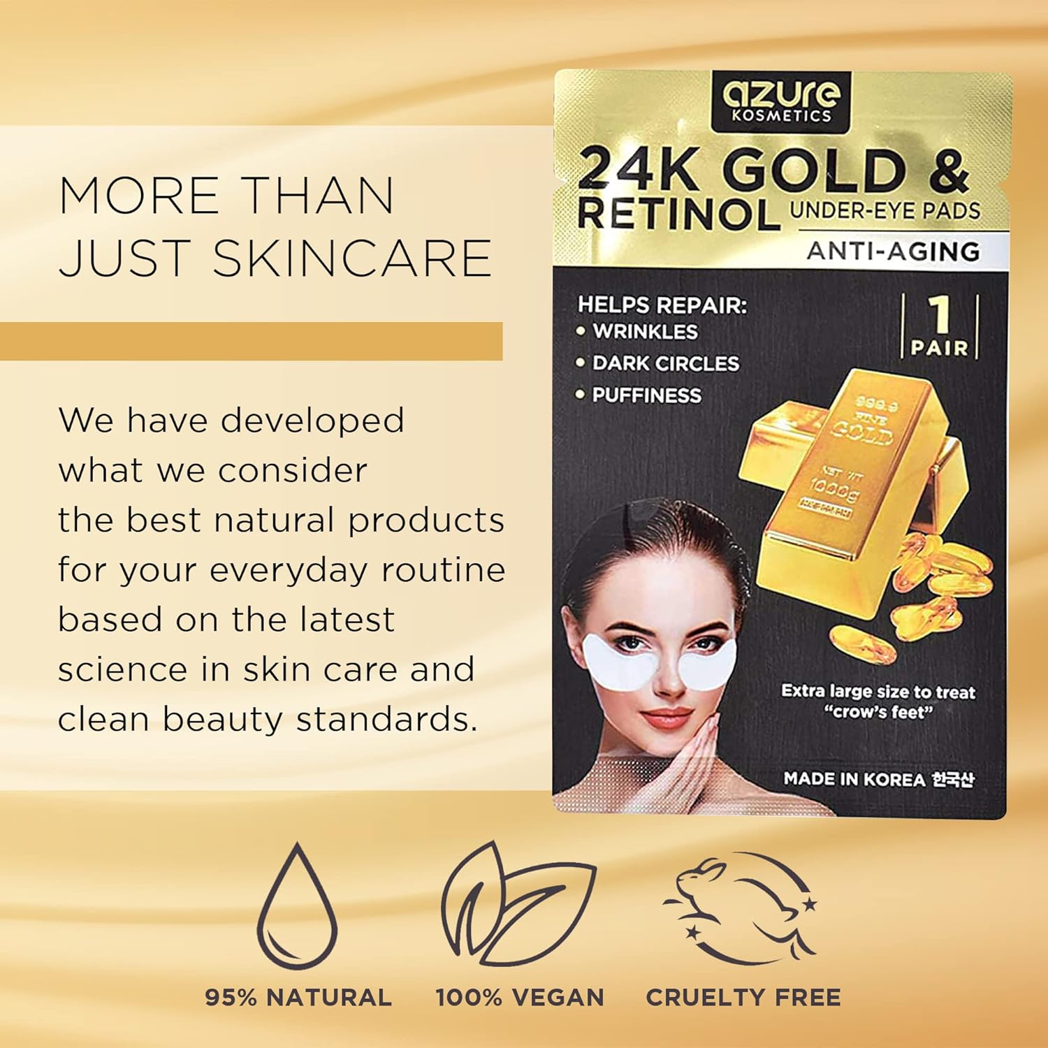 Azure Cosmetics 24K Gold & Retinol Anti Aging Under Eye Patches - Firming, Restoring & Deeply Hydrating Eye Mask - Reduces Fine Lines, Wrinkles, Dark Circles & Puffiness - Made In Korea, 5 Pairs : Beauty & Personal Care