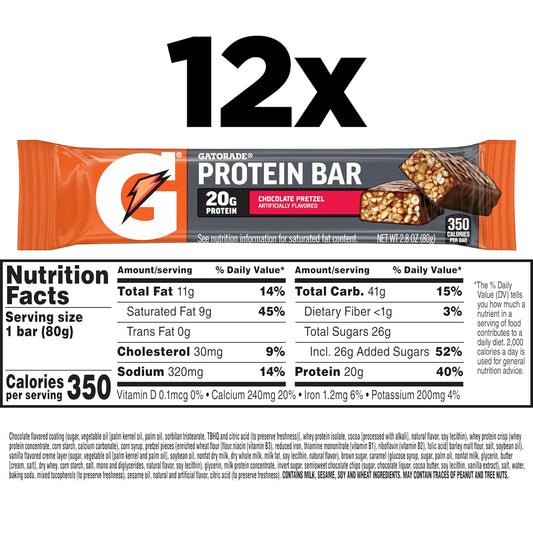 Gatorade Whey Protein Bars, Chocolate Pretzel, 2.8 Oz Bars (Pack Of 12, 20G Of Protein Per Bar)