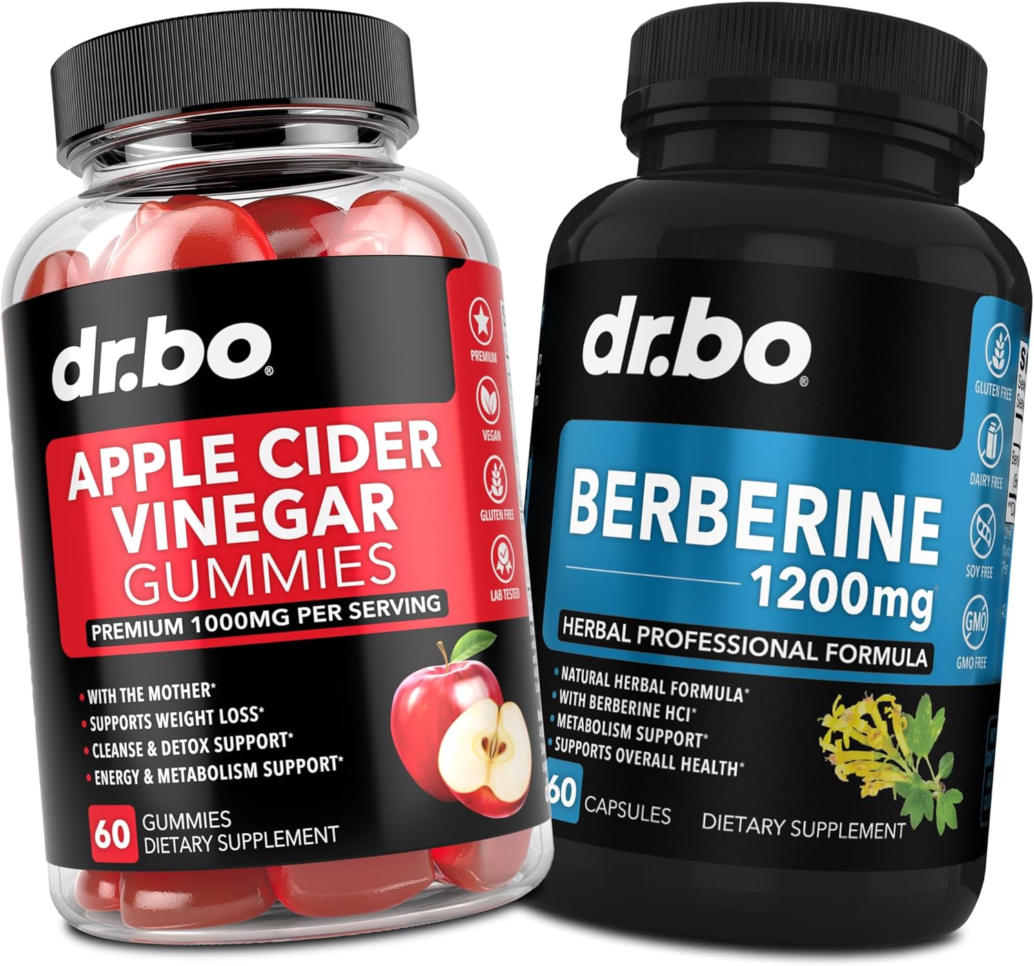 DR. BO ACV Gummies & Berberine Supplement Capsules - 1000MG Apple Cider Vinegar Gummies & Berberine HCL 1200mg Pills for Digestion, Gut Health & Metabolism