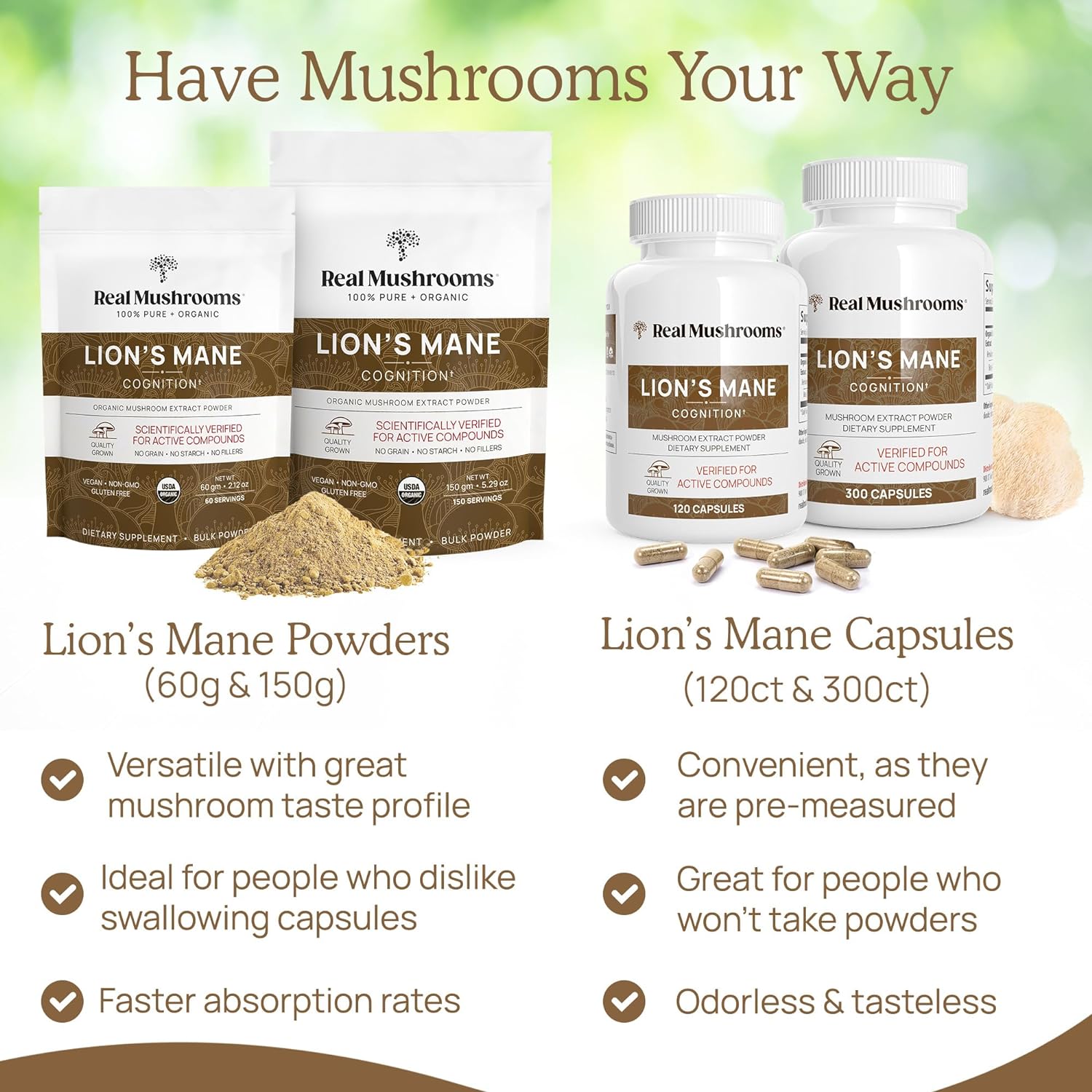 Real Mushrooms Ergothioneine (60ct) and Lion’s Mane Organic Powder (60 Servings) Bundle with Shiitake and Oyster Mushroom Extracts - Longevity and Cognition - Vegan, Gluten Free, Non-GMO : Health & Household