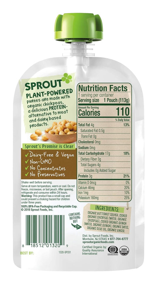 Sprout Organics Baby Food, Butternut, Chickpea, Quinoa & Date, Plant Powered Protein, 4 Oz Purees (Pack Of 6)