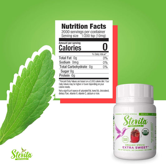 Stevita Organic Stevia Extra Sweet - 0.7 Oz Powder - All-Natural, No Calorie Sweetener - Usda Organic, Non-Gmo, Vegan, Kosher, Keto, Paleo, Gluten Free - 2000 Servings