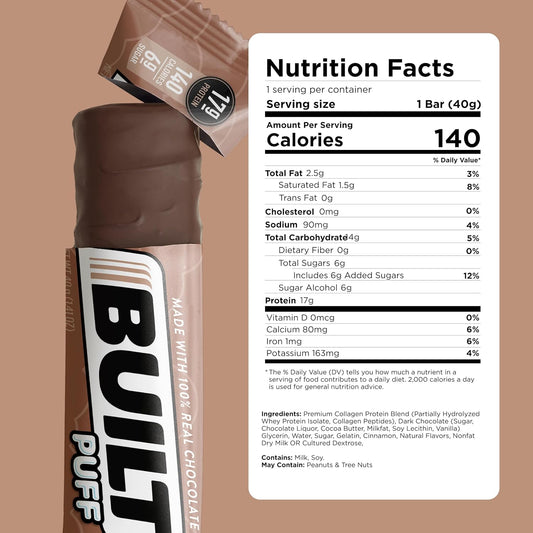 Built Protein Bars, Brownie Batter Puff, 12 Count, Protein Snacks With 17G Of High Protein, Collagen, Chocolate Protein Bar, Gluten Free With 140 Calories & 6G Sugar, Perfect On The Go Protein Snack