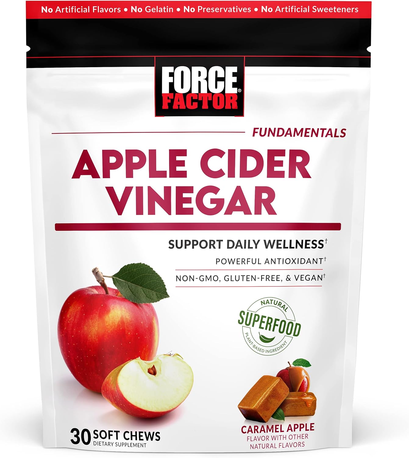Force Factor Organic Apple Cider Vinegar Soft Chews for Digestion and Metabolism Support, Apple Cider Vinegar with Mother, ACV Supplement, Gluten-Free, & Vegan, Caramel Apple Flavor, 30 Soft Chews