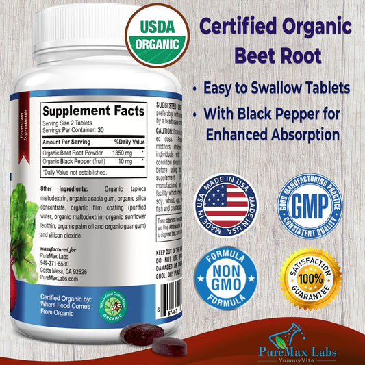 YUMMYVITE Organic Beet Root Powder Tablets - 1350mg with Black Pepper for Faster Absorption - Boosts Nitric Oxide for Energy and Stamina - 60 Tablets