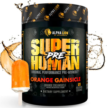 Alpha Lion Superhuman Pre Workout Powder, Beta Alanine, L-Taurine & Tri-Source Caffeine For Sustained Energy & Focus, Nitric Oxide & Citrulline For Pump (21 Servings, Orange Gainsicle)