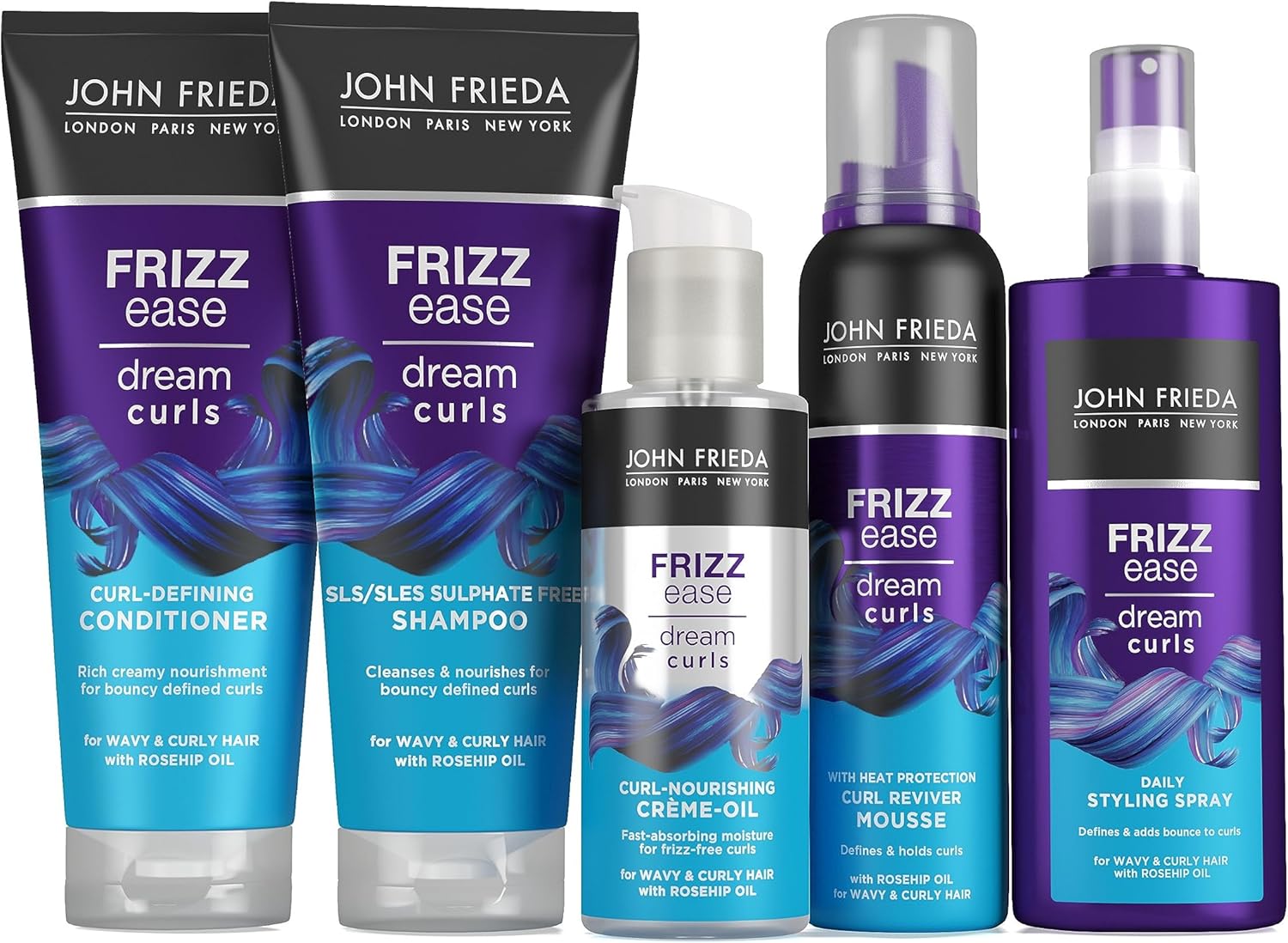 John Frieda Dream Curls Party Bundle Sls & Sulphate Free Curl Nourishing Shampoo, Conditioner, Crème Oil, Mousse & Defining Crème For Curly & Wavy Hair For Tousled Texture & Undone Curls