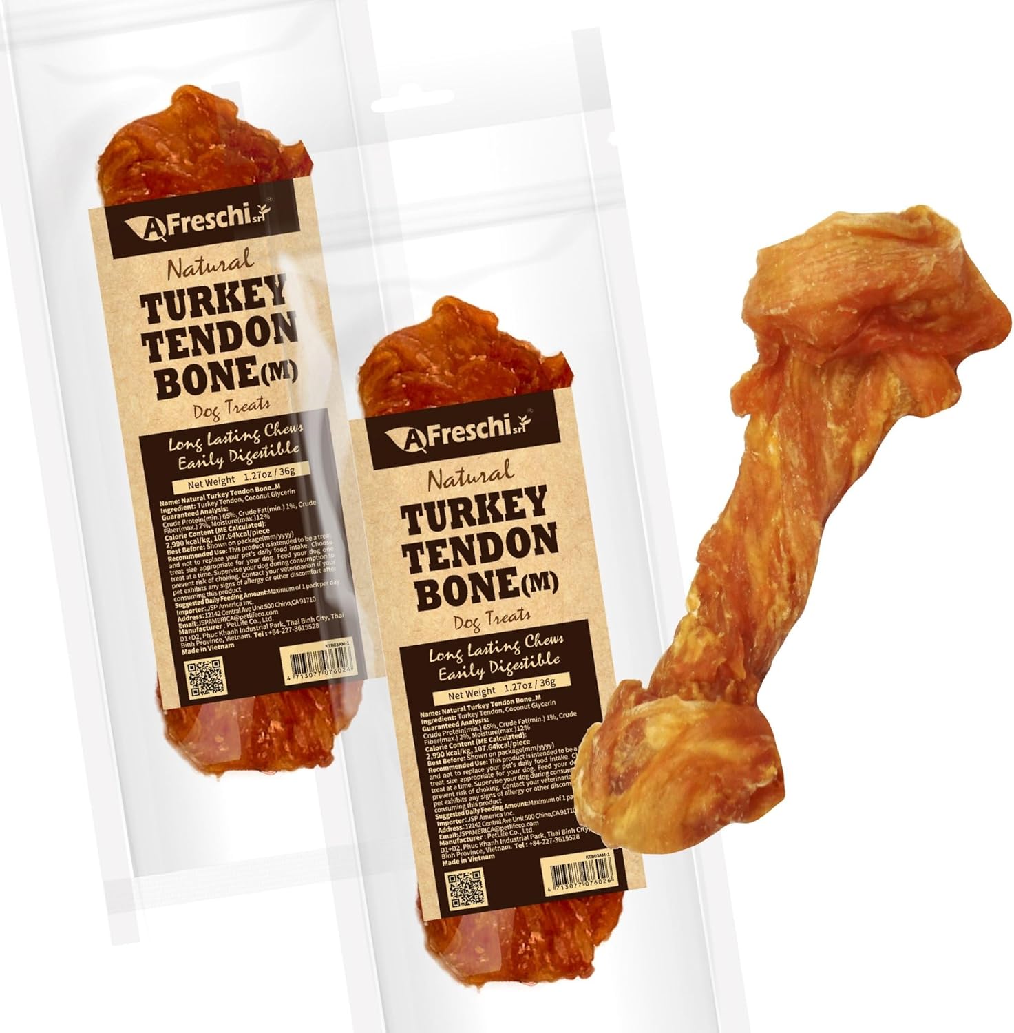 Afreschi Turkey Tendon For Dogs, Dog Treats For Signature Series, All Natural Human Grade Puppy Chew, Ingredient Sourced From Usa, Hypoallergenic, Rawhide Alternative, 2 Units/Pack Bone (Medium)