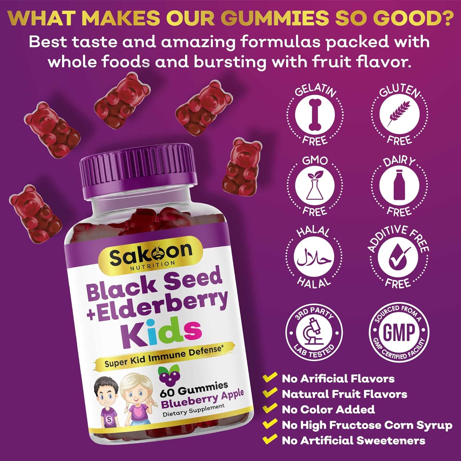 Elderberry & Black Seed Oil Gummies For Kids, Immune Support, With Vitamin C And Zinc, Delicious Berry Flavor, 60 Gummies : Health & Household