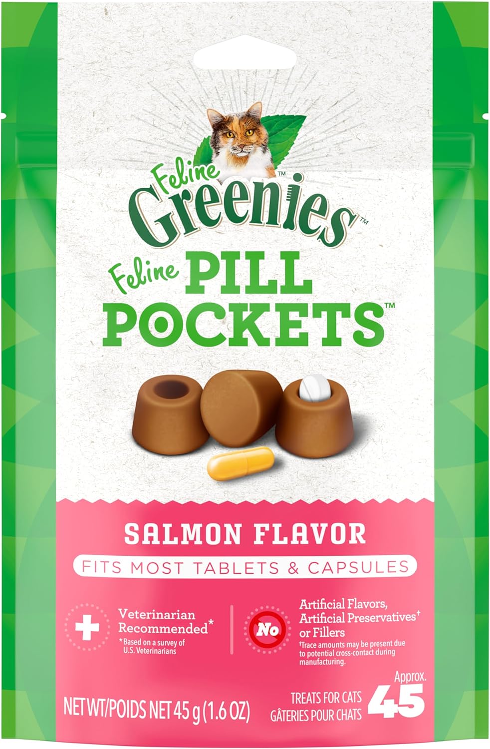 Greenies Feline Pill Pockets For Cats Natural Soft Cat Treats, Salmon Flavor, 1.6 Oz. Pack (45 Treats)