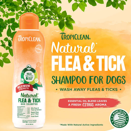 TropiClean Maximum Strength Natural Flea and Tick Dog Shampoo for Flea and Tick Prevention for Dogs | Made in the USA | 20 oz