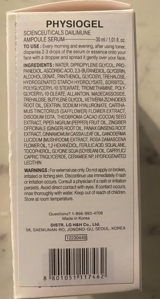Physiogel Scienceuticals Dailimune Ampoule Vitamin C Face Serum Strengthens Skin Barrier Antioxidant, Moisturizing, Brightening, Soothing & Hydrating Serum Vitamin E & B5 Skincare Face Essence