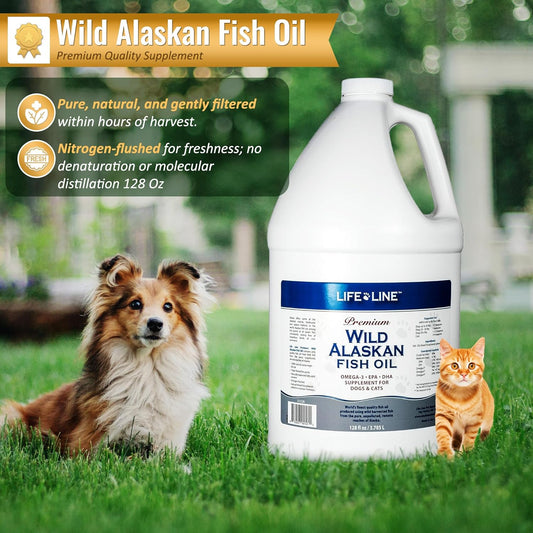 Life Line Pet Nutrition Wild Alaskan Fish Oil Omega-3 Supplement for Skin & Coat – Supports Brain, Eye & Heart Health in Dogs & Cats, 128oz