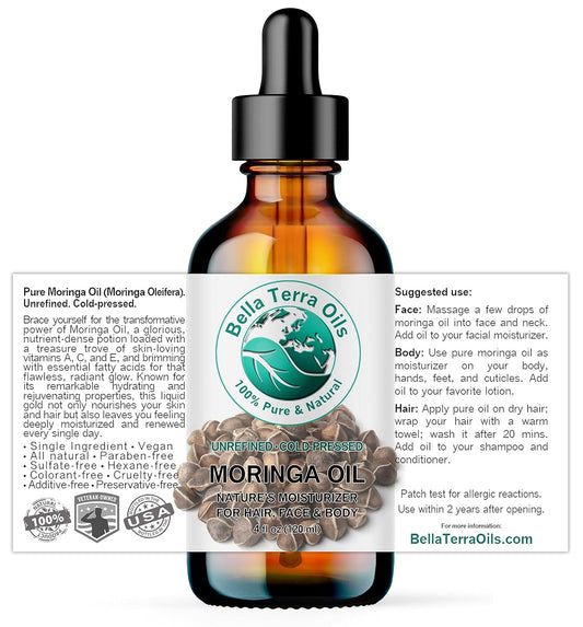 Bella Terra Oils - Organic Moringa Oil 4 oz - Celebrating Pure Premium Organic Moringa, Enriched with Antioxidants, Best for Nourishing Skin’s Natural Glow