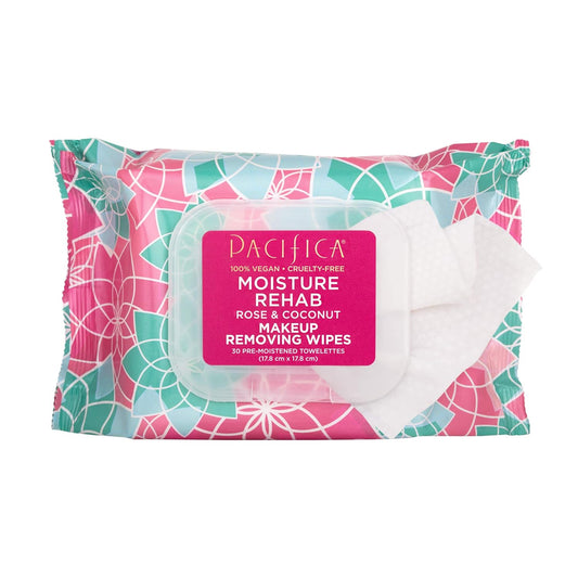 Pacifica Beauty, Moisture Rehab Makeup Removing Wipes, Daily Cleansing, Rose, Coconut Water, Calendula, Aloe, Clean Skin Care, Plant Fiber Facial Towelettes, 30 Count, Vegan & Cruelty Free