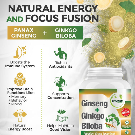 Ginko Biloba & Panax Ginseng Supplement - Red Ginseng Brain Supplement For Memory And Focus - Ginkgo Biloba Supplements For Good Vision, Immune System And Improved Blood Flow - 60 Tablets