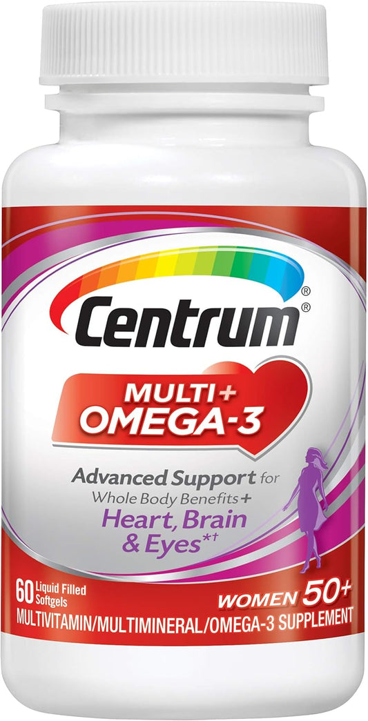 Centrum Multi + Omega-3 (60 Count, 2 Month Supply) Adult Multivitamin and Omega-3 Supplement for Women Over 50, Multivitamin Support for Your Heart, Vitamins B6, B12 and Folate