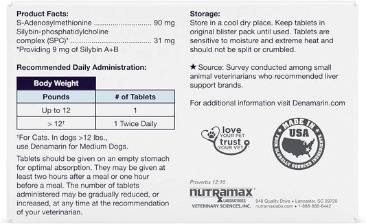 Nutramax Denamarin Liver Health Supplement for Small Dogs and Cats - with S-Adenosylmethionine (Same) and Silybin, 30 Tablets