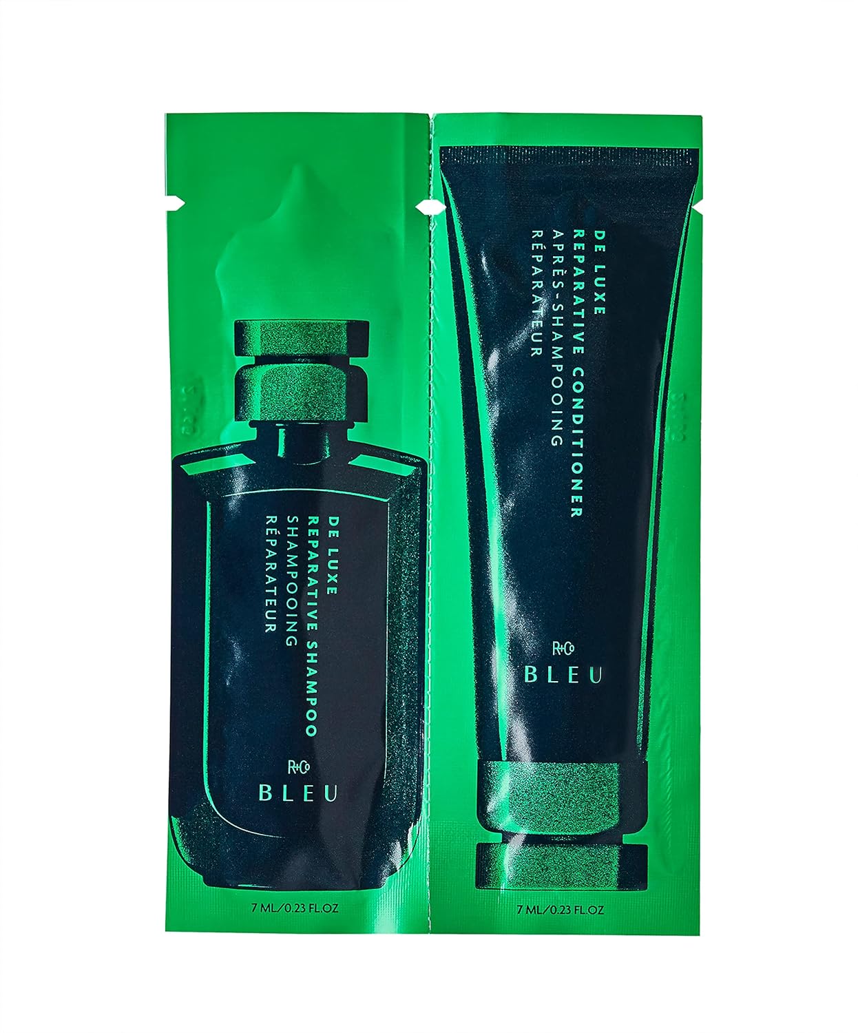 R+Co Bleu De Luxe Reparative Shampoo + Conditioner Tandem Packette | Hydrates + Strengthens + Adds Shine | Vegan, Sustainable + Cruelty-Free | 14Ml