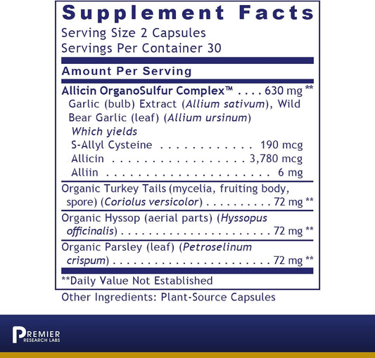 Premier Research Labs Allicidin - Allicidin & Allicin Supplement - Garlic Capsule for Immune & Heart Health - Extract with Turkey Tails, Hyssop & Parsley - 60 Pure Vegan Capsules