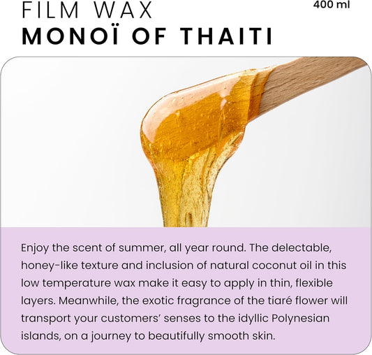 Depileve Monoi Of Tahiti Extra Film No-Strip Wax - Fast Drying, Easy To Spread Full Body Wax - Ideal For All Skin Types - Opalescent Aqua Formula With Elastic Texture And Floral Scent - 14.1 Oz