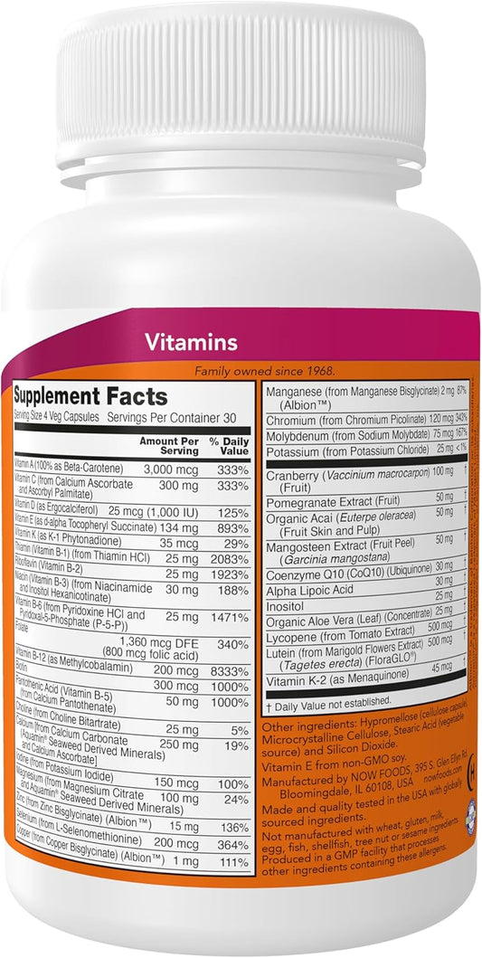 Now Foods Supplements, Eve™ Women'S Multivitamin With Cranberry, Alpha Lipoic Acid And Coq10, Plus Superfruits - Pomegranate, Acai & Mangosteen, Iron-Free, 120 Veg Capsules