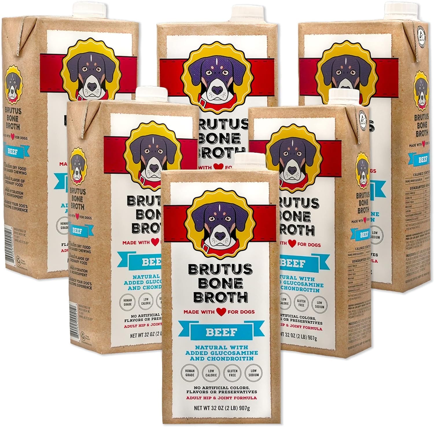 Brutus Beef Bone Broth for Dogs and Cats - All Natural Dog Bone Broth with Chondroitin Glucosamine & Turmeric -Human Grade Dog Food Toppers for Picky Eaters & Dry Food -Tasty & Nutritious- Pack of 6