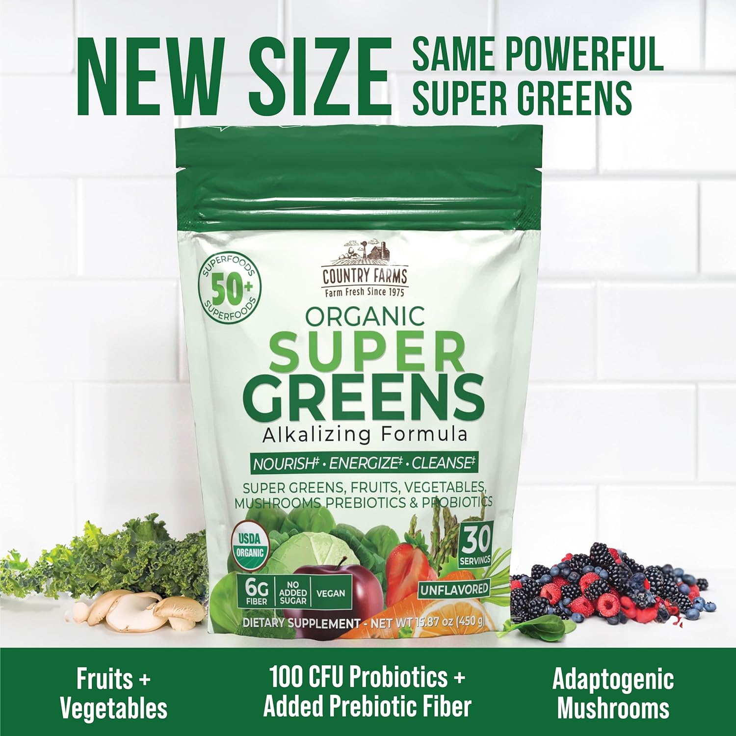 COUNTRY FARMS Super Greens Natural Flavor, 50 Organic Super Foods, USDA Organic Drink Mix (Wheat Grass, Spirulina, Chlorella) Mushrooms & Probiotics, Supports Gut Health, Natural Energy, 30 Servings