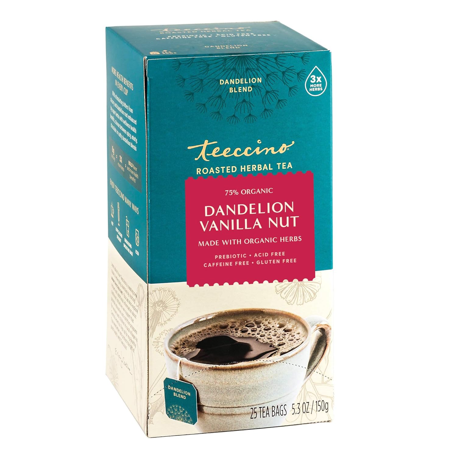 Teeccino Dandelion Herbal Tea - Vanilla Nut - Caffeine Free, Prebiotic, Gluten Free, 3X More Herbs - 25 Tea Bags