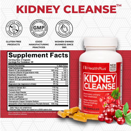 Health Plus Advanced Kidney Cleanse With Cranberry Extract, Turmeric Root And Coq10, Helps Support Healthy Kidney Function & Urinary Tract Wellness, 60 Capsules
