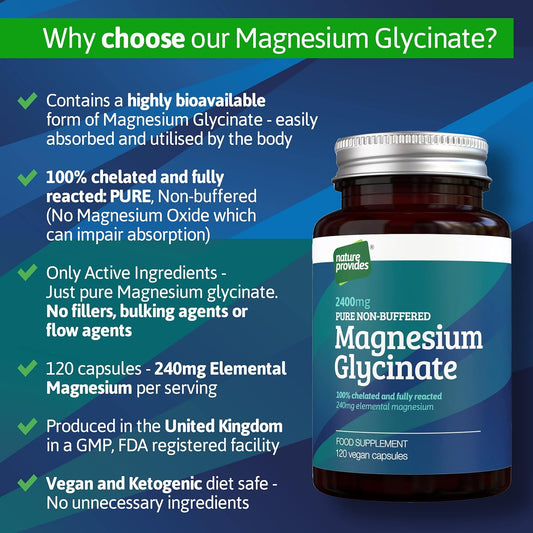 Magnesium Glycinate TRAACS (Bisglycinate) 2,400mg, 120 Vegan Capsules, 100% Pure, Non-buffered, Chelated and Highly Bioavailable. Made in The UK. No fillers or Flow Agents