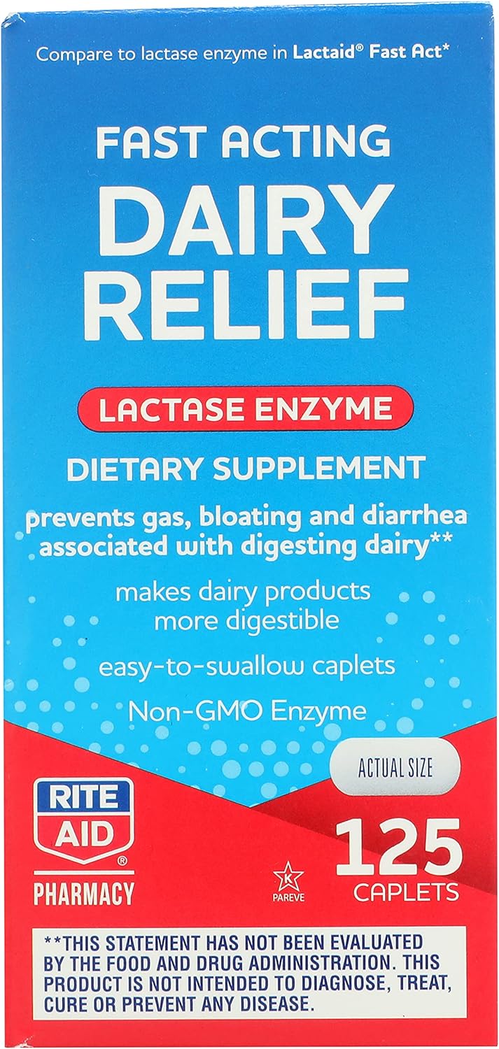 Rite Aid Fast Acting Dairy Relief Lactase Enzyme - 125 Caplets |Lactose Intolerance Pills | Digestive Enzyme Supplements