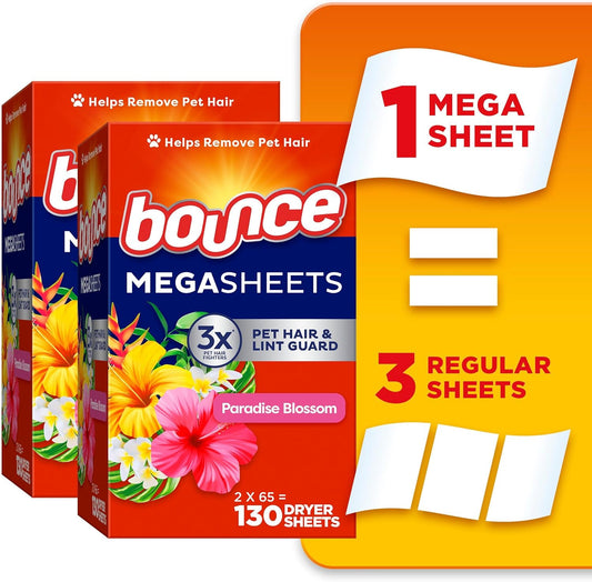 Bounce Mega Dryer Sheets, Paradise Blossom, 130 Count (Packaging May Vary)